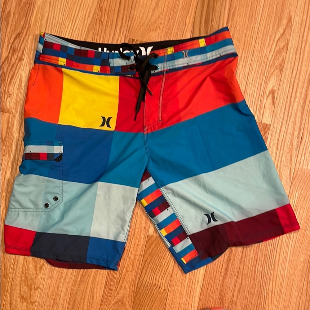 Hurley Red and Blue Board Shorts with Athletic Cut